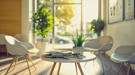 A modern dental office waiting room with comfortable chairs, magazines on a table, and bright natural light coming in through the windows.
Dentistry medicine green plants.