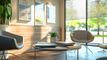 Fototapeta premium A modern dental office waiting room with comfortable chairs, magazines on a table, and bright natural light coming in through the windows. Dentistry medicine green plants. 