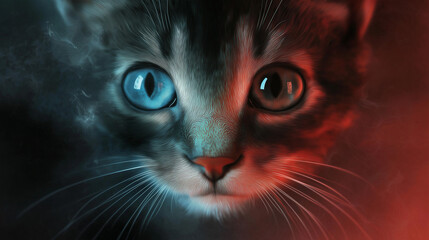 Cat with hybrid eyes, curious gaze, close-up portrait, colorful abstract background