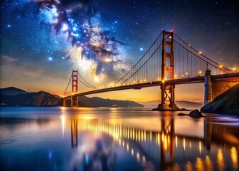 Majestic Golden Gate Bridge Illuminated at Night with Night Sky and Reflections in the Water
