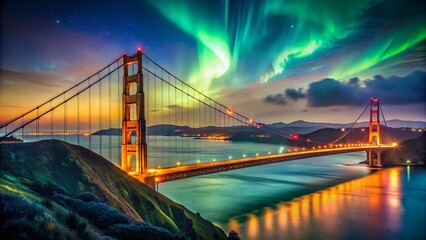 Fototapeta premium Majestic Golden Gate Bridge Under a Stunning Aurora Borealis Sky at Night in San Francisco
