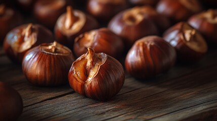 Obraz premium A close-up of roasted chestnuts displayed on a rustic wooden table, with their glossy shells slightly cracked, highlighting their warm and inviting appearance.