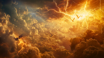 The final war in heaven: Satan and his angels cast out of heaven by Michael, dramatic and intense battle in the clouds.
Bible God Jesus Christ savior JHWH last days torah new testament old testament.