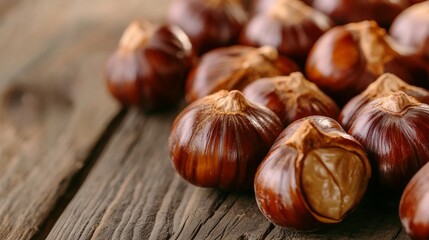 A close-up of roasted chestnuts displayed on a rustic wooden table, with their glossy shells slightly cracked, highlighting their warm and inviting appearance.