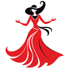 Fototapeta premium a graphic illustration of a woman in a red dress. The woman is in a graceful pose, 