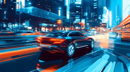 Futuristic Night City Skyline with Speeding Cars and Neon Lights