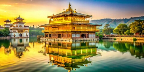 Obraz premium Majestic Golden Temple Reflections in Water Surrounded by Scenic Architecture and Lush Greenery