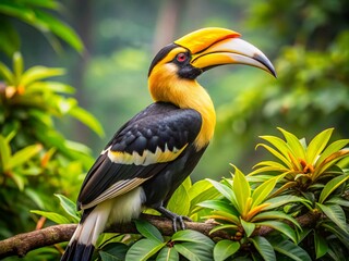 Obraz premium Majestic Great Hornbill in Vibrant Forest Habitat of India Captured in Stunning Close-Up Shot