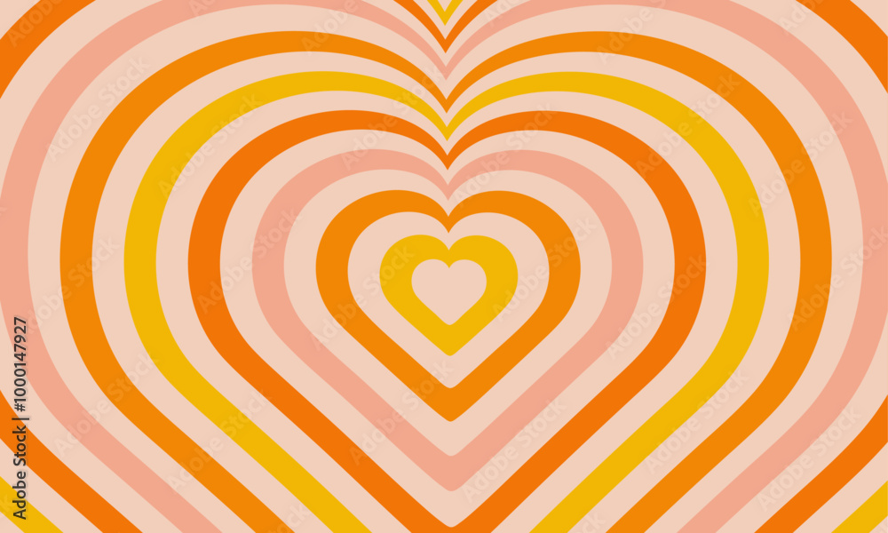 Poster groovy y2k background. tunnel of concentric shiny yellow orange pink hearts. romantic cute illustrat