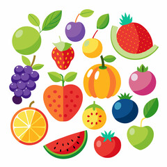 A picture of fruits and vegetables with a picture of a fruit on it . Flat fruits icons set. Colorful flat design concepts for web banners VECTOR