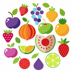 A picture of fruits and vegetables with a picture of a fruit on it . Flat fruits icons set. Colorful flat design concepts for web banners VECTOR