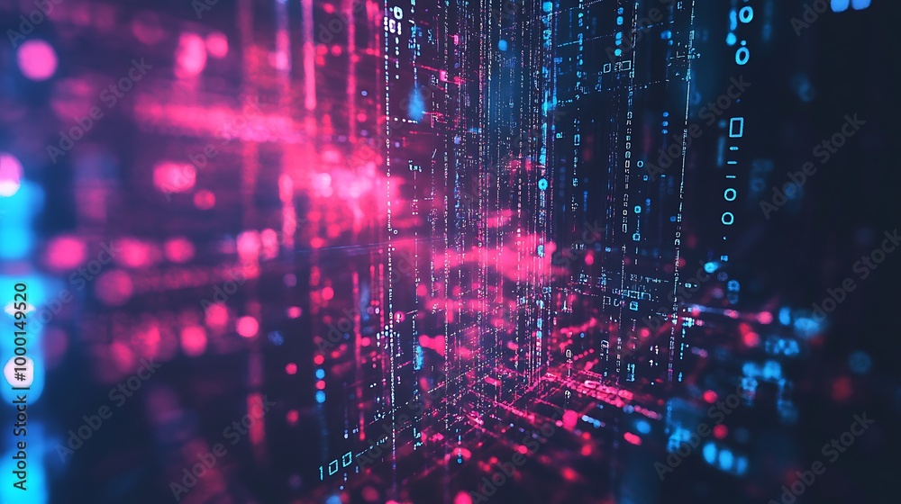 Poster Abstract digital data stream of binary code in neon blue and red colors.