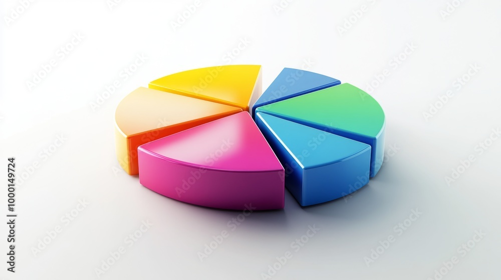 Aufkleber A colorful 3D pie chart with vibrant segments floating slightly above a white surface, each slice labeled clearly to represent different data categories.