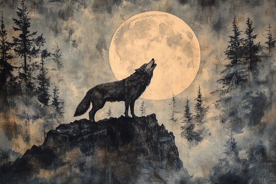 A lone wolf howls at the full moon in a misty forest.