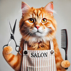 Cute redhead cat hairdresser with comb and scissors in paws on light background.