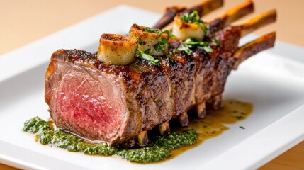 Juicy Grilled Steak Served with Flavorful Pesto on Elegant Dining Plate