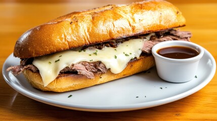 Savory Steak and Cheese Sandwich Served with Dipping Sauce on a Plate