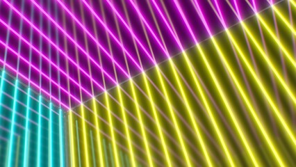 Inside Abstract CMYK Colored Neon Glow Line Cube Mirror Room Rotating - Abstract Background Texture