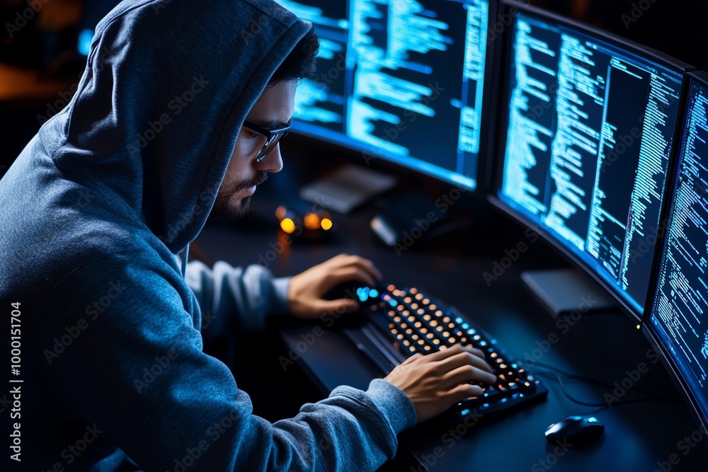 Fototapete hacker in a dark room, wearing a hoodie, with only the glow of multiple computer screens illuminatin