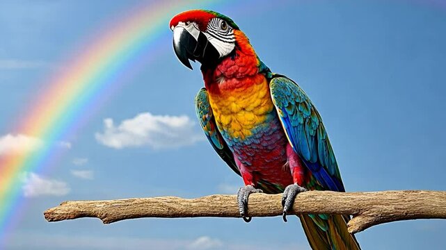 Standing before a rainbow is a vibrant parrot perched on a branch.
