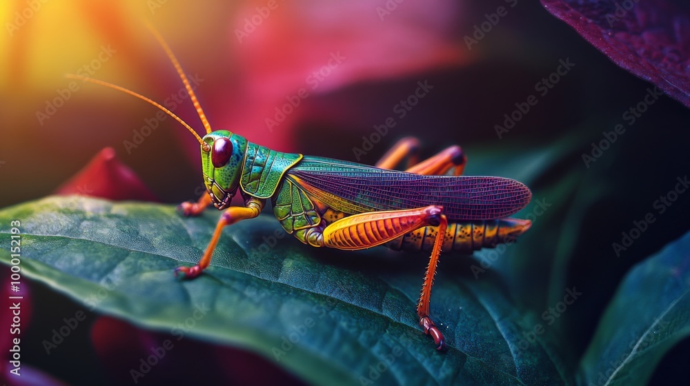 Poster A colorful image of a grasshopper camouflaged on a leaf, blending in seamlessly with its surroundings, showcasing the fascinating adaptations of insects.