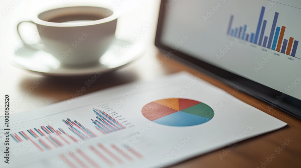 Aufkleber A colorful pie chart and line graph side by side on a computer screen, representing detailed financial analysis, with a cup of coffee in the background for a casual setting.