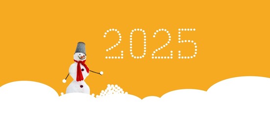 2025 year illustration, icon. Funny new year, winter concept. A snowman is building 2025 sign with snowballs. Snow bubbles. Colorful, playful, minimal image. Orange color. Copy space