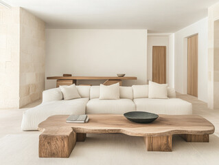 Stylish modern living room with light colors, wooden furniture, and minimalist design elements in a spacious home interior