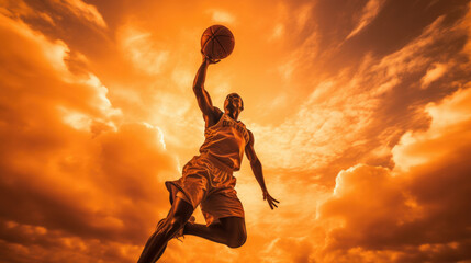 A skilled basketball player is gracefully jumping high in the air, poised with a basketball in hand, showcasing athleticism and talent