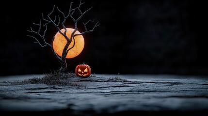 Eerie Halloween scene with pumpkin and tree silhouetted against a full moon.