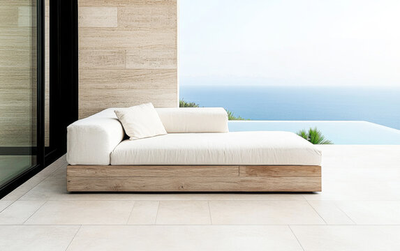 Stylish outdoor lounge chair near infinity pool overlooking serene ocean view in bright daylight setting