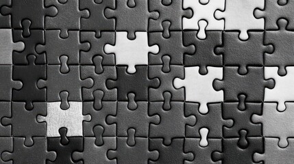 Close-up view of a black and white puzzle background, showcasing textured pieces with one missing, representing challenge and unity.