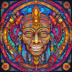Obraz premium Abstract bright neon shaman head mosaic decorated background, party flyer psychedelic trendy design
