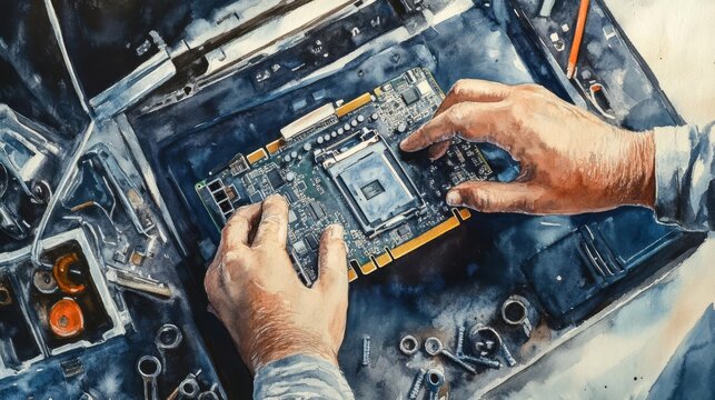 Close-up of hands repairing a computer motherboard on a workbench. Precision and technical expertise are evident in the detailed work.