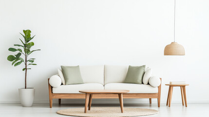 Modern living room with a light beige sofa, decorative cushions, plant, and wooden table under soft lighting in a stylish home