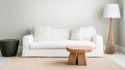 Minimalist living room design featuring a white sofa, wooden coffee table, and stylish lamp in a modern space