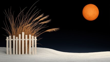 Grass and white fence against a dark sky, featuring an orange sun above.