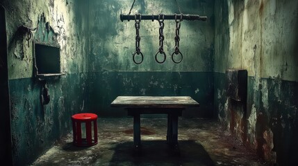 Dark room with iron straightjacket and metal ring, horror-themed cinematic atmosphere