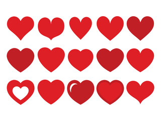 Set of Red Heart Flat Cartoon Icons. Romantic Abstract Symbols in Various Shapes for Valentine's Day. Love Banner Template Decorative Elements for Weddings.