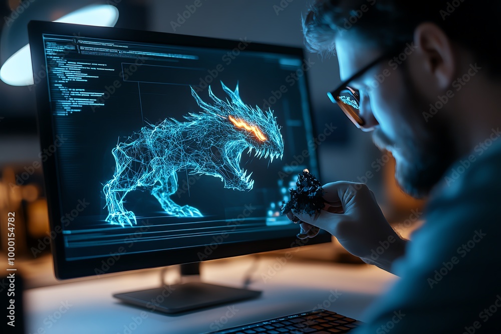 Poster hacker summoning digital creatures from the dark web, where glowing, glitchy beasts emerge from thei