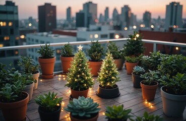 Rooftop garden with holographic Christmas tree and smart planters.
