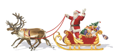 Watercolor Santa Claus on two reindeer with gifts