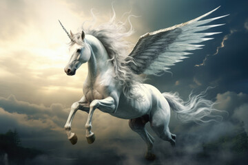 A beautiful white unicorn with majestic wings is soaring high in the sky