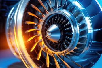 Modern turbofan engine. close up of turbojet of aircraft. Blades of the turbofan engine of the aircraft