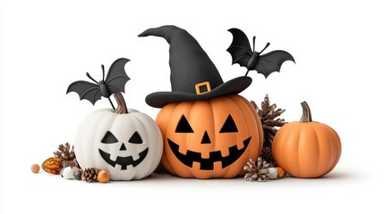 Halloween pumpkins with bats and autumn decorations against white background.