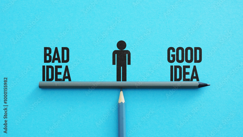 Aufkleber good idea and bad idea are shown using the text balancing on the scales