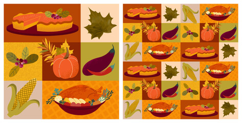 Seamless pattern, postcard, poster, cover of thanksgiving. Ornament with autumn elements and traditional dishes.