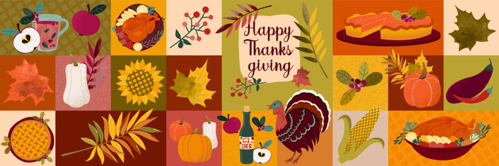 Happy Thanksgiving. Festive banner with geometric ornaments with harvest symbols and traditional dishes.