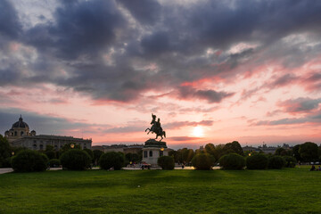 Equestrian statue of Archduke Charles at Heldenplatz on sunset. Vienna, Austria