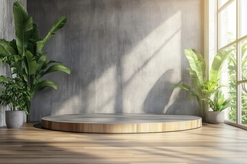 Blank skincare packaging on wooden podium with flowers, organic nature-inspired mockup